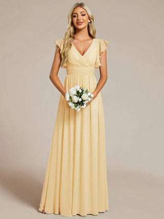 Short Sleeve Ruffle V-Neck Pleated Backless A-Line Floor Length Bridesmaid Dresses (New SKU ES01818)
