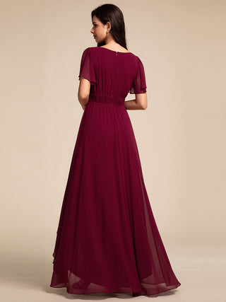 Elegant Round Neck Ruffles Sleeve Chiffon Evening Dresses with Asymmetrical Hem