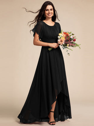 Elegant Round Neck Ruffles Sleeve Chiffon Evening Dresses with Asymmetrical Hem