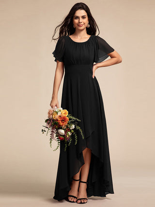 Elegant Round Neck Ruffles Sleeve Chiffon Evening Dresses with Asymmetrical Hem