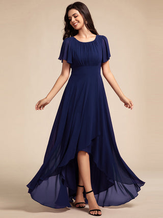 Elegant Round Neck Ruffles Sleeve Chiffon Evening Dresses with Asymmetrical Hem
