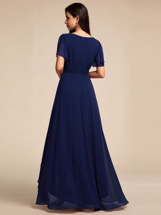 Elegant Round Neck Ruffles Sleeve Chiffon Evening Dresses with Asymmetrical Hem