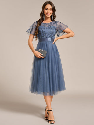 Graceful Embroidery See-through Round Neck Tulle Bridesmaid Dresses
