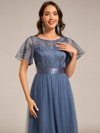Graceful Embroidery See-through Round Neck Tulle Bridesmaid Dresses