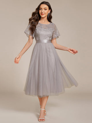 Graceful Embroidery See-through Round Neck Tulle Bridesmaid Dresses