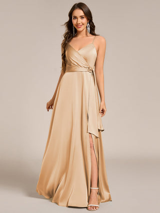 Elegant Floor-Length Spaghetti Straps Split Satin Bridesmaid Dress with Streamer
