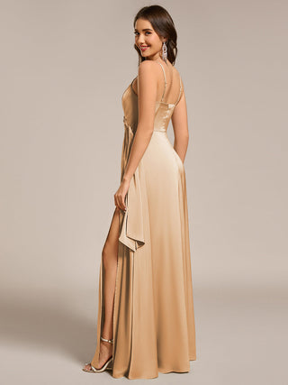Elegant Floor-Length Spaghetti Straps Split Satin Bridesmaid Dress with Streamer