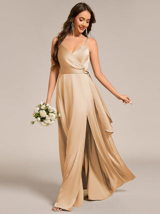 Elegant Floor-Length Spaghetti Straps Split Satin Bridesmaid Dress with Streamer