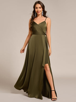 Elegant Floor-Length Spaghetti Straps Split Satin Bridesmaid Dress with Streamer
