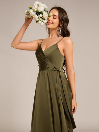 Elegant Floor-Length Spaghetti Straps Split Satin Bridesmaid Dress with Streamer