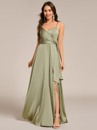 Elegant Floor-Length Spaghetti Straps Split Satin Bridesmaid Dress with Streamer