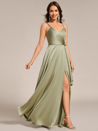 Elegant Floor-Length Spaghetti Straps Split Satin Bridesmaid Dress with Streamer