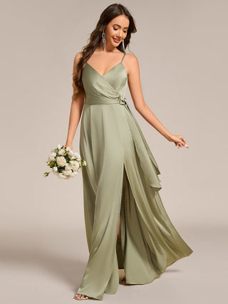 Elegant Floor-Length Spaghetti Straps Split Satin Bridesmaid Dress with Streamer