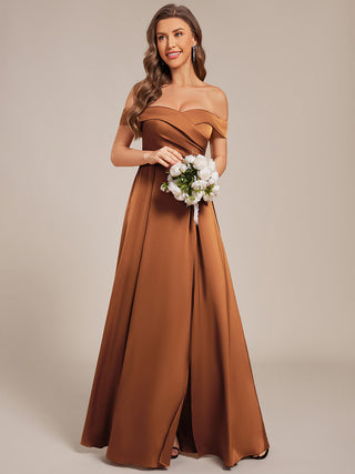 Off Shoulder Short Sleeves Pleated A-Line Floor-Length Bridesmaid Dress