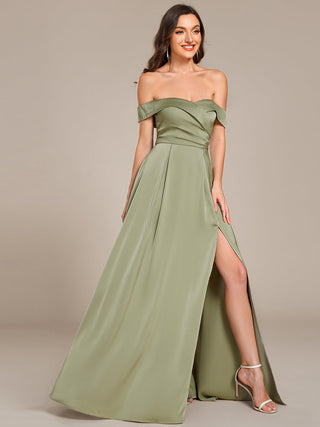 Off Shoulder Short Sleeves Pleated A-Line Floor-Length Bridesmaid Dress