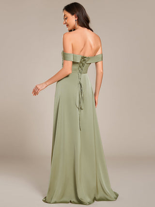 Off Shoulder Short Sleeves Pleated A-Line Floor-Length Bridesmaid Dress