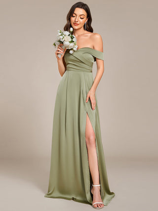 Off Shoulder Short Sleeves Pleated A-Line Floor-Length Bridesmaid Dress