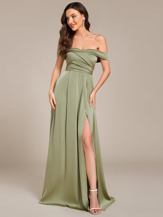 Off Shoulder Short Sleeves Pleated A-Line Floor-Length Bridesmaid Dress