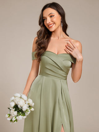 Off Shoulder Short Sleeves Pleated A-Line Floor-Length Bridesmaid Dress