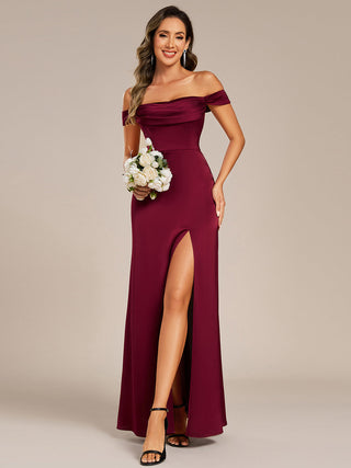 Off Shoulder Short Sleeves Split Bandage Floor-Length Bridesmaid Dress