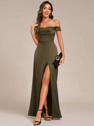 Off Shoulder Short Sleeves Split Bandage Floor-Length Bridesmaid Dress