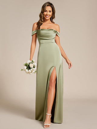 Off Shoulder Short Sleeves Split Bandage Floor-Length Bridesmaid Dress