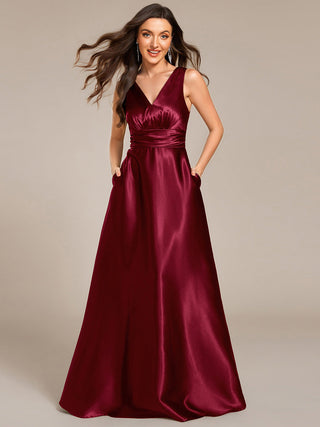 Elegant Deep V-Neck Floor Length Empire Waist Satin Bridesmaid Dresses with Pockets (New SKU ES03326)