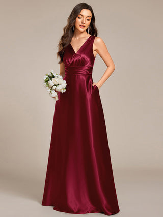 Elegant Deep V-Neck Floor Length Empire Waist Satin Bridesmaid Dresses with Pockets (New SKU ES03326)