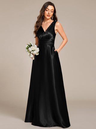Elegant Deep V-Neck Floor Length Empire Waist Satin Bridesmaid Dresses with Pockets (New SKU ES03326)
