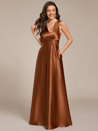 Elegant Deep V-Neck Floor Length Empire Waist Satin Bridesmaid Dresses with Pockets (New SKU ES03326)