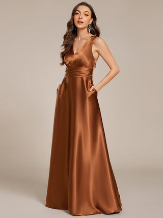 Elegant Deep V-Neck Floor Length Empire Waist Satin Bridesmaid Dresses with Pockets (New SKU ES03326)