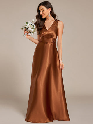 Elegant Deep V-Neck Floor Length Empire Waist Satin Bridesmaid Dresses with Pockets (New SKU ES03326)
