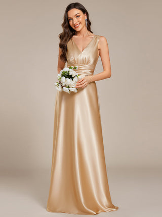 Elegant Deep V-Neck Floor Length Empire Waist Satin Bridesmaid Dresses with Pockets (New SKU ES03326)