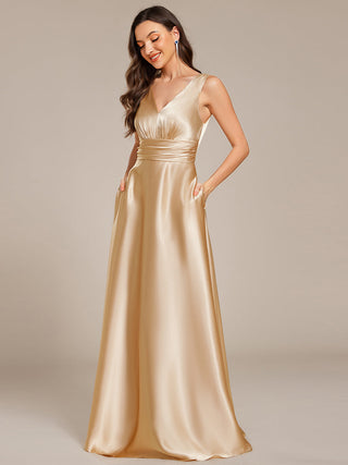 Elegant Deep V-Neck Floor Length Empire Waist Satin Bridesmaid Dresses with Pockets (New SKU ES03326)