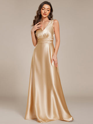 Elegant Deep V-Neck Floor Length Empire Waist Satin Bridesmaid Dresses with Pockets (New SKU ES03326)