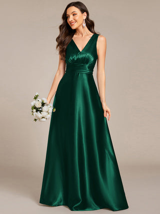 Elegant Deep V-Neck Floor Length Empire Waist Satin Bridesmaid Dresses with Pockets (New SKU ES03326)