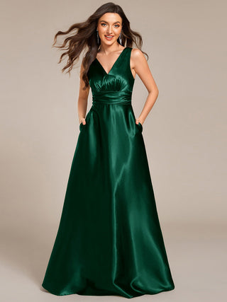 Elegant Deep V-Neck Floor Length Empire Waist Satin Bridesmaid Dresses with Pockets (New SKU ES03326)