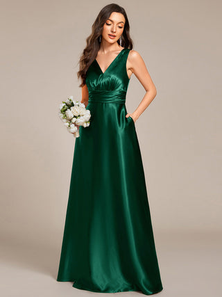 Elegant Deep V-Neck Floor Length Empire Waist Satin Bridesmaid Dresses with Pockets (New SKU ES03326)