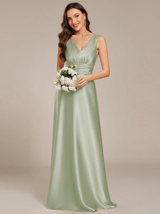 Elegant Deep V-Neck Floor Length Empire Waist Satin Bridesmaid Dresses with Pockets (New SKU ES03326)