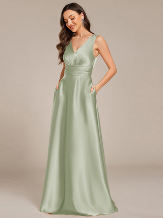 Elegant Deep V-Neck Floor Length Empire Waist Satin Bridesmaid Dresses with Pockets (New SKU ES03326)