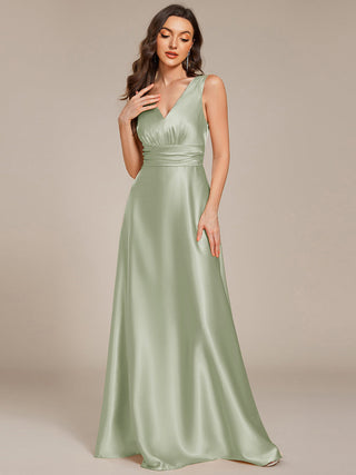 Elegant Deep V-Neck Floor Length Empire Waist Satin Bridesmaid Dresses with Pockets (New SKU ES03326)