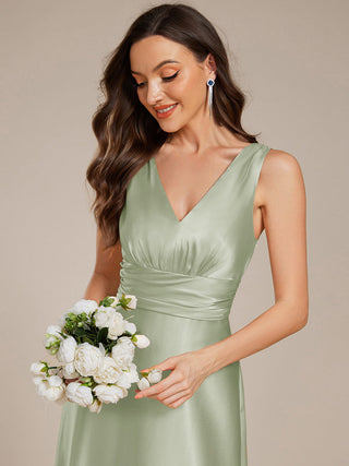 Elegant Deep V-Neck Floor Length Empire Waist Satin Bridesmaid Dresses with Pockets (New SKU ES03326)