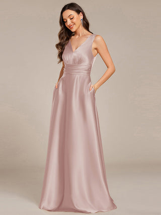 Elegant Deep V-Neck Floor Length Empire Waist Satin Bridesmaid Dresses with Pockets (New SKU ES03326)