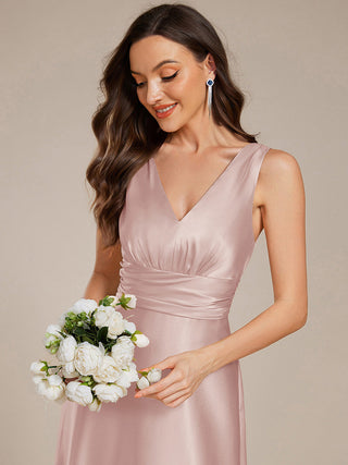 Elegant Deep V-Neck Floor Length Empire Waist Satin Bridesmaid Dresses with Pockets (New SKU ES03326)