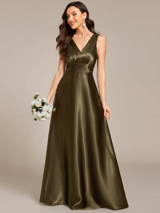 Elegant Deep V-Neck Floor Length Empire Waist Satin Bridesmaid Dresses with Pockets (New SKU ES03326)