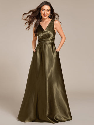 Elegant Deep V-Neck Floor Length Empire Waist Satin Bridesmaid Dresses with Pockets (New SKU ES03326)