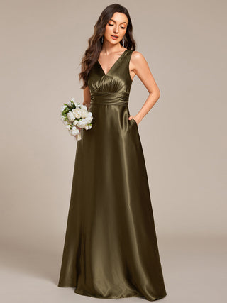 Elegant Deep V-Neck Floor Length Empire Waist Satin Bridesmaid Dresses with Pockets (New SKU ES03326)