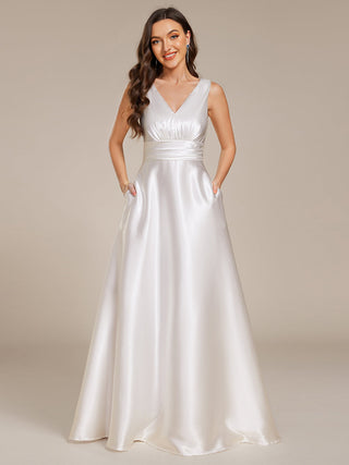 Elegant Deep V-Neck Floor Length Empire Waist Satin Bridesmaid Dresses with Pockets (New SKU ES03326)