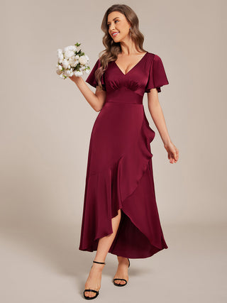 Short Sleeve Ruffled V-Neck Asymmetrical Hem Midi Bridesmaid Dress