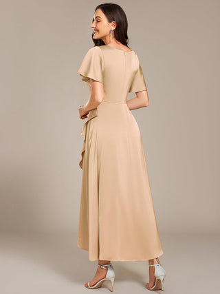 Short Sleeve Ruffled V-Neck Asymmetrical Hem Midi Bridesmaid Dress